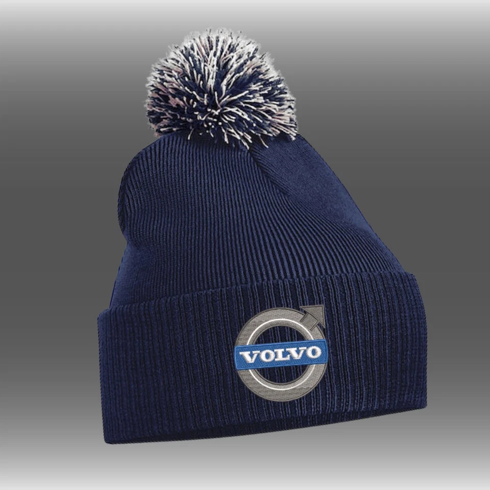BEECHFIELD Pom Pom Beanie - Navy/Grey - with Embroidered Volvo Logo - Trucker