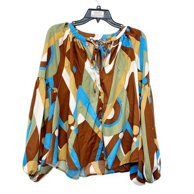 August Sky for Anthropologie Womens Abstract Print Long Sleeve Blouse Top Size M