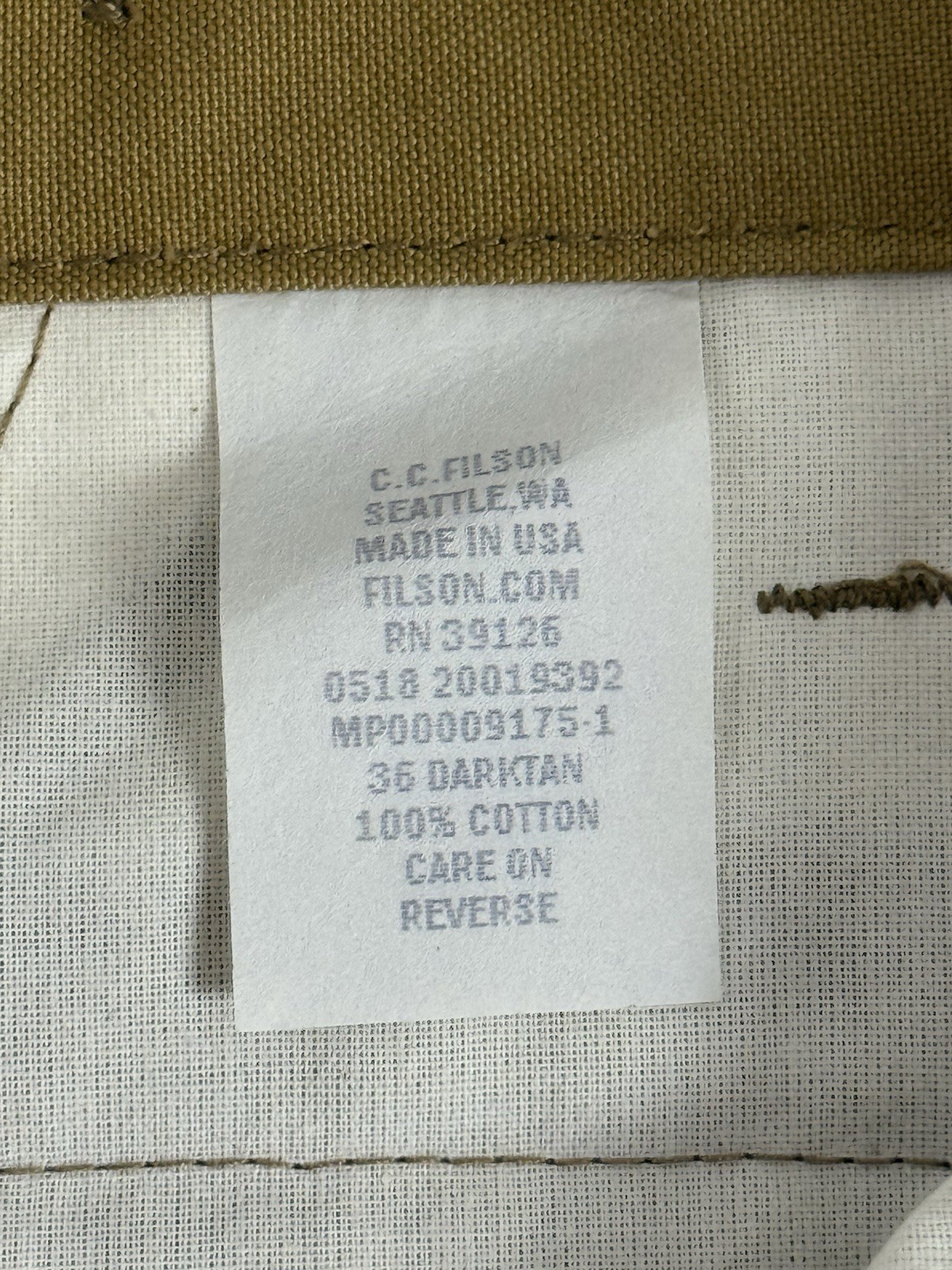 FILSON DRY TIN PANTS DAR TAN 36 UNHEMMED NWT US MADE RARE DEAD STOCK image 9
