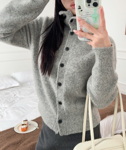 NEW Women Lady 77% wool Grey Knit Cardigan High Collar Jumper Knitwear S - Picture 7 of 20