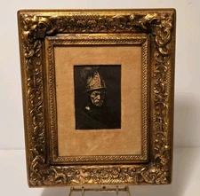 Vintage 1960s Rembrandt Man With Golden Helmet Ornate Frame Velvet Matte 15x11.5