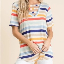 MWT bibi Boutique colorful bright Striped Knit top with Strappy V-Neck beach SM