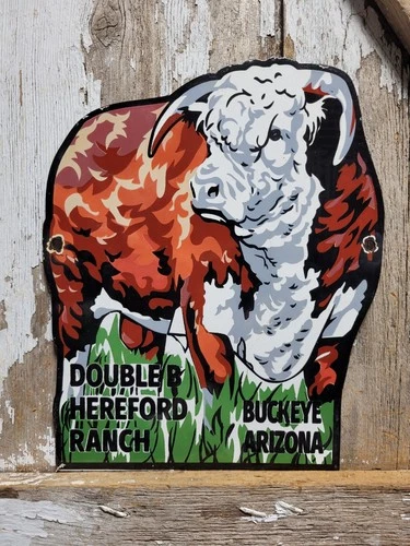 VINTAGE RANCH PORCELAIN SIGN OLD DOUBLE B HEREFORD CATTLE FARM COWBOY ARIZONA
