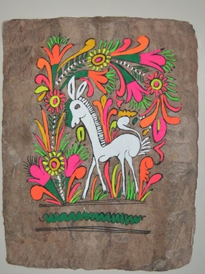 Original Hand Painted Mexican Folk Art Amate Bark Paper white donkey 10x13
