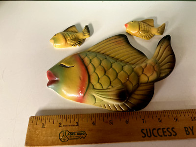 Bathroom fish wall decor chalkware shiny set of three - lge and 2 small