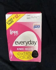 L'eggs Everyday Knee Highs 12 Pair One Size Jet Black Sheer Toe Vintage lingerie