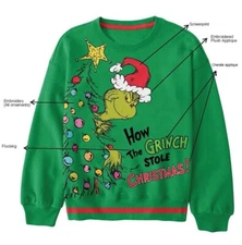 Grinch Adult Sweatshirt Size Large Embroidered Flocking NEW