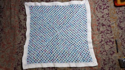 Crochet Pastel Blue Afghan with White Border Lap Throw/Small Blanket 29x29''