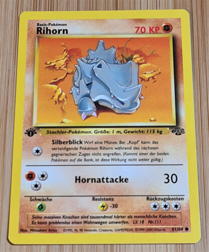Rihorn # 61/64 Common 1.Edition Dschungel von 2000 Pokemon Deutsch Mint Vintage - Bild 1 von 4