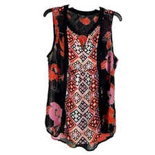 Signature Studio Boho Sheer Tank Top Black Pink Mixed Pattern Crochet Size L