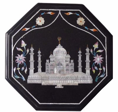 12'' black marble Table Top semi precious stones Taj mahal art inlay work