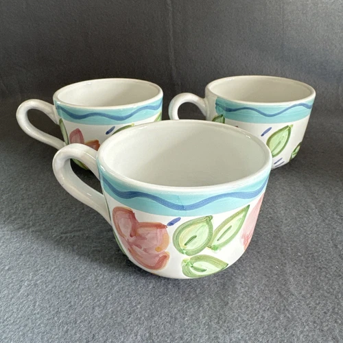3 Round Caleca Italy Pottery Wavy Blue Pink Flower Coffee Tea Mugs Vintage