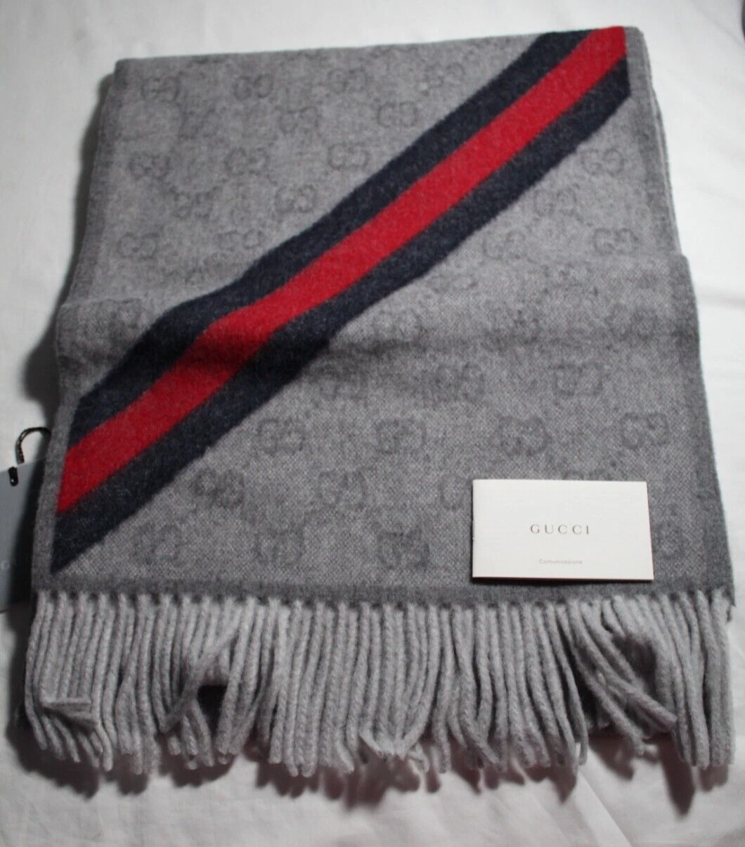 Écharpe neuve avec étiquette Gucci Nikky laine GG monogramme bande toile gris pompon unisexe 37 x 190