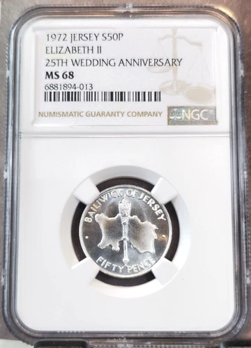 1972 JERSEY SILVER 50 PENCE 25TH WEDDING ANNIVERSARY NGC MS 68 RARE TOP POP