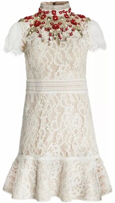 alice olivia white lace dress Alice + Olivia Lucy Embroidered Longsleeve Mini Shirt Dress With Tie Belt in White