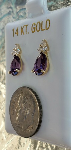 Amethyst Labcreated Pear Cut& White Sapphire Stud Earrings 14kt Solid YellowGold - Picture 9 of 12