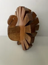Vintage Handmade Solid Oak Thanksgiving Turkey Napkin Holder Centerpiece MCM