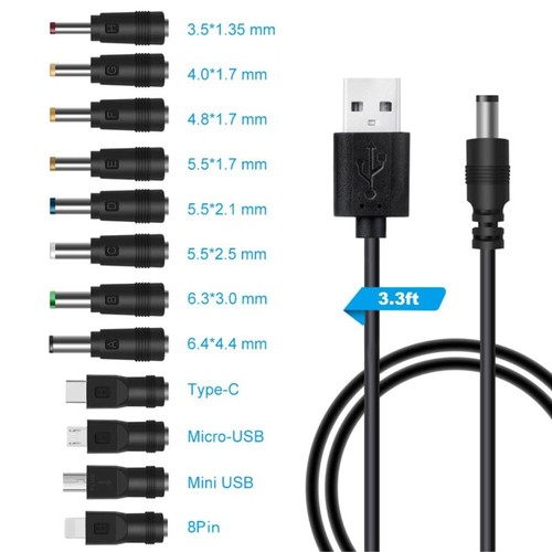 USB to DC 5V Power Cord, Universal DC 5.5x2.1mm Cable with 8/11/12 Connectors - 第 1/11 張圖片