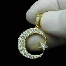 1.40Ct Round Real Moissanite Crescent Moon & Star Pendant 14K Yellow Gold Plated