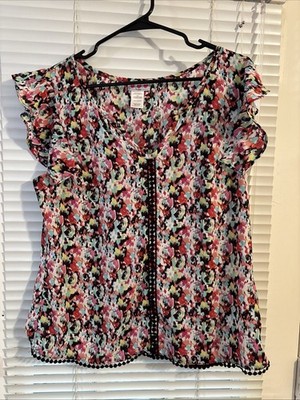 Three Pink Hearts Trixxi Womens Large Multicolor Ruffle Sleeve Pom Trim Floral