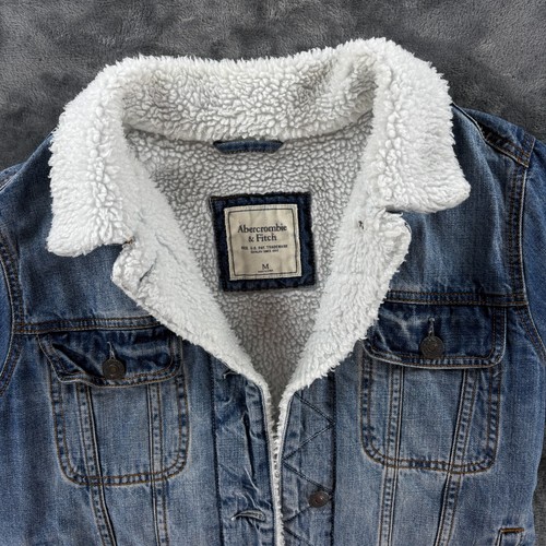 Abercrombie Fitch Sherpa Lined Denim Jacket Mens M Blue Trucker Distressed - Picture 3 of 8