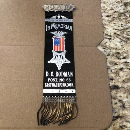 GAR Veteran Badge Ribbon East Hartford, Conn.DCRodmanpost #65 In Memoriam W/Flag