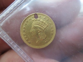 1857 TYPE 3 1 DOLLAR US GOLD COIN IN EXTRA FINE CONDITION WITH A HOLE