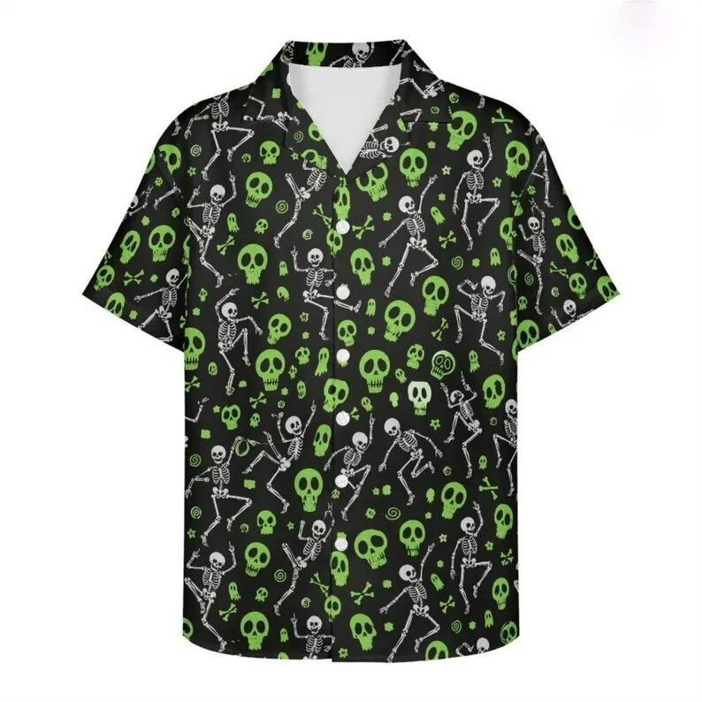Spooky Green Skull Hawaiian Shirt Dancing Skeleton Halloween Beach Aloha Shirt