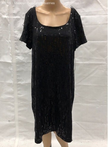 Scarlett Nite Women's Black Scoop Neck Sequined Short Sleeve Dress - Size 16W