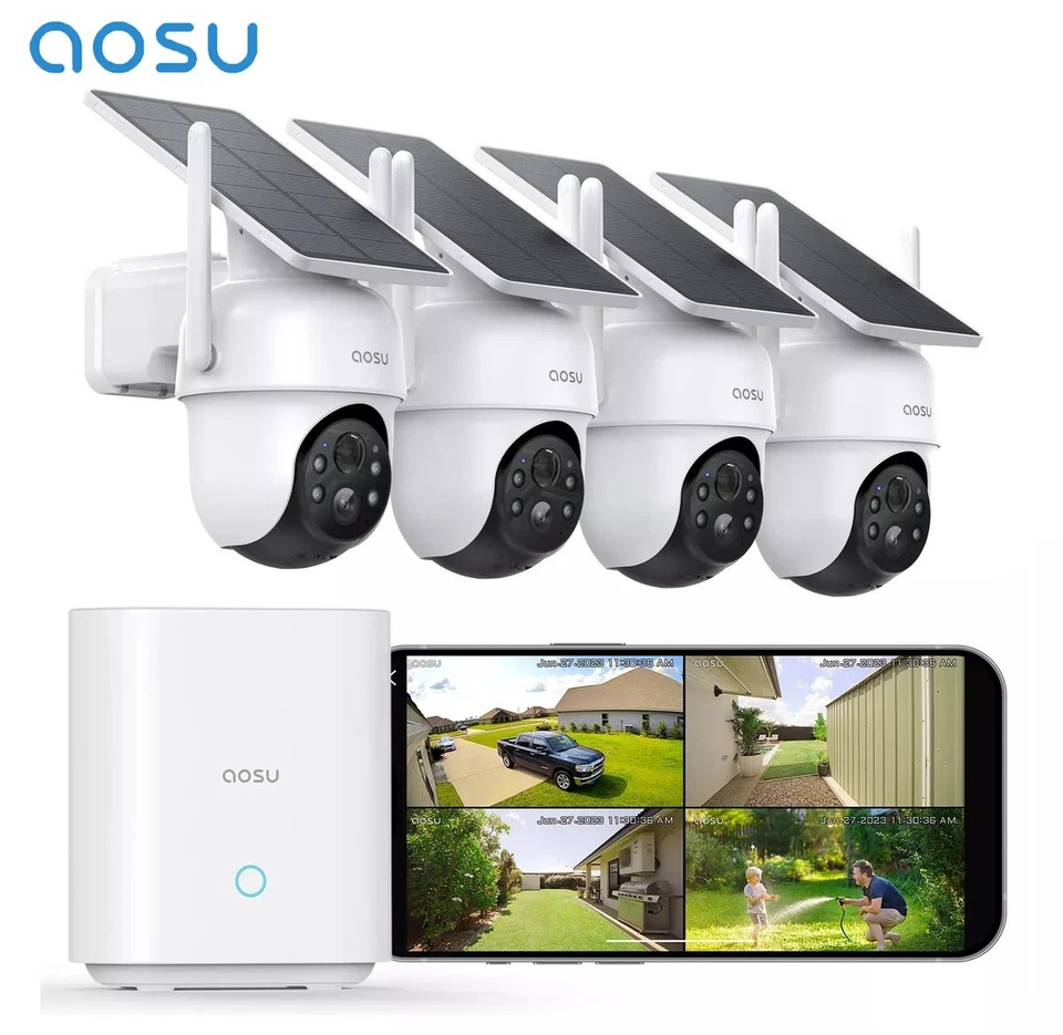 AOSU Solar Security Cameras Outdoor Wireless,4 Cam-Kit,2K Color Night Vision