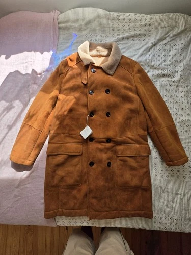Brunello Cucinelli Men’s Cognac Suede Shearling Double-Breasted Coat XL NWT - product listing photo