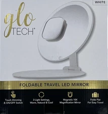 Glo-Tech Foldable Travel LED Mirror, 10X Magnification-White