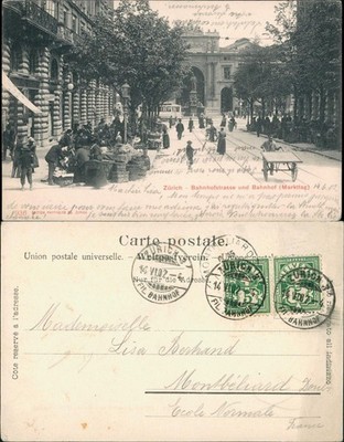 Zurich Bahnhofsstraße and Station, Market Day Busy, Market Hustle and bustle 1902