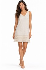 Umgee Dress Fringe Crochet Lace Accent Hem Oatmeal Cotton Size S Bohemian
