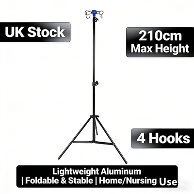 Foldable Portable IV Pole-4 Hooks 210cm Adjustable for Nursing Home Home Care UK