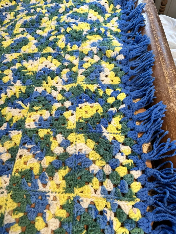 Manta afgana con flecos cuadrados de colección verde azul ganchillo 58 X 58 Foto 2 de 4