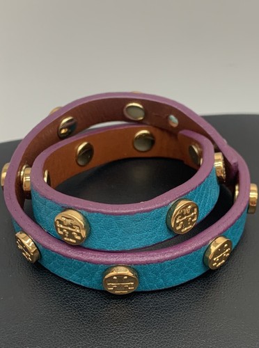 Tory Burch Miller Gold Stud Double Wrap Leather Bracelet Teal Blue & Purple L10 - Picture 2 of 8
