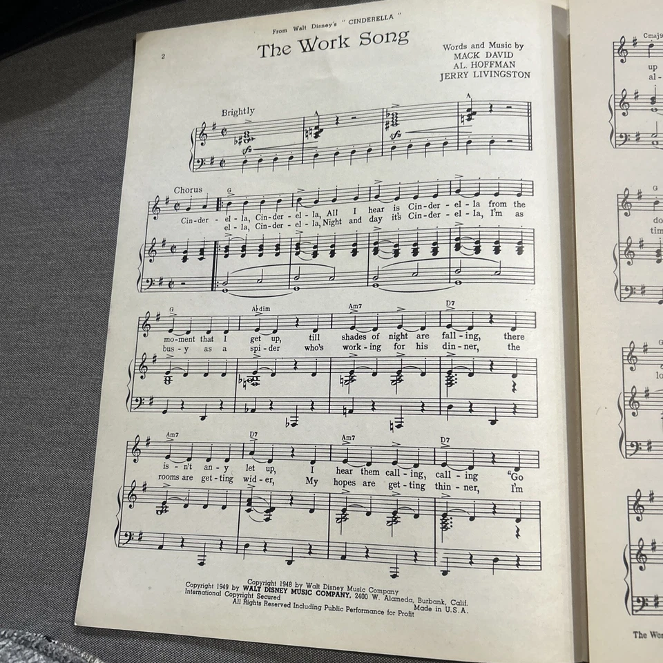 Partituras vintage de Cenicienta, The Work Song, película de Disney 1949 Foto 2 de 2
