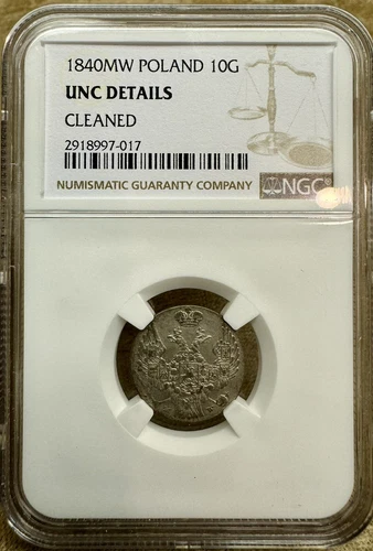 Poland 1840 MW 10 Groszy NGC UNC Details Cleaned Uncirculated