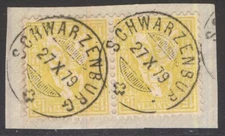 SWITZERLAND 54x2 1867-78 15c LEMON SEATED HELVETIA USED PAIR ON PIECE CV$1000