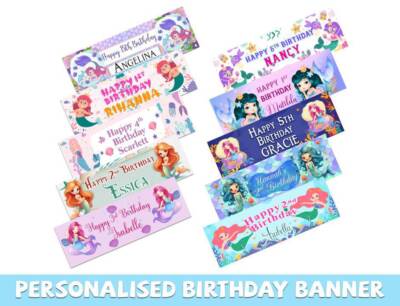 Personalised Mermaid Design Birthday Banners Kid Party Decoration Children 267