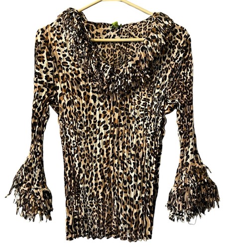 Agora Women Cheetah Print Top Colorful Long Sleeve Fringe V-Neck Pleated Size M