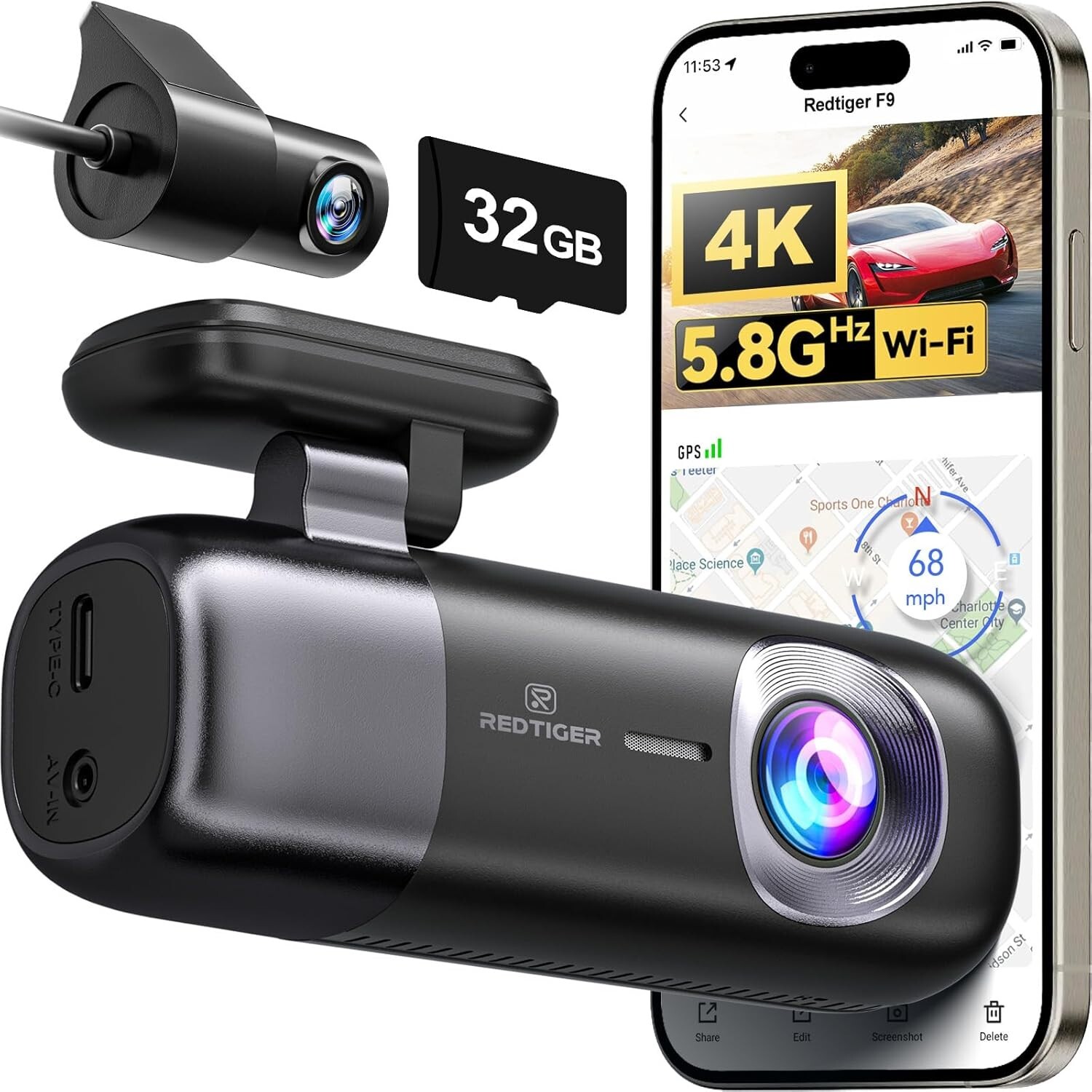 Redtiger 4K Front Dash Cam and 1080P Rear