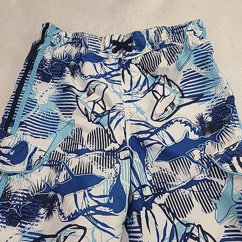 OP Ocean Pacific Boys Large 10-12 Board Shorts Blue Shark Graphics Swim Trunks - Picture 2 of 10