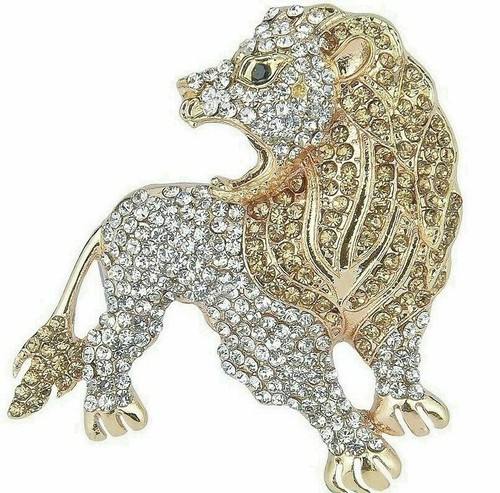 Lion King Clear White Austrian Rhinestone Crystal Brooch Pin Gold Animal B060 - Photo 1 sur 4