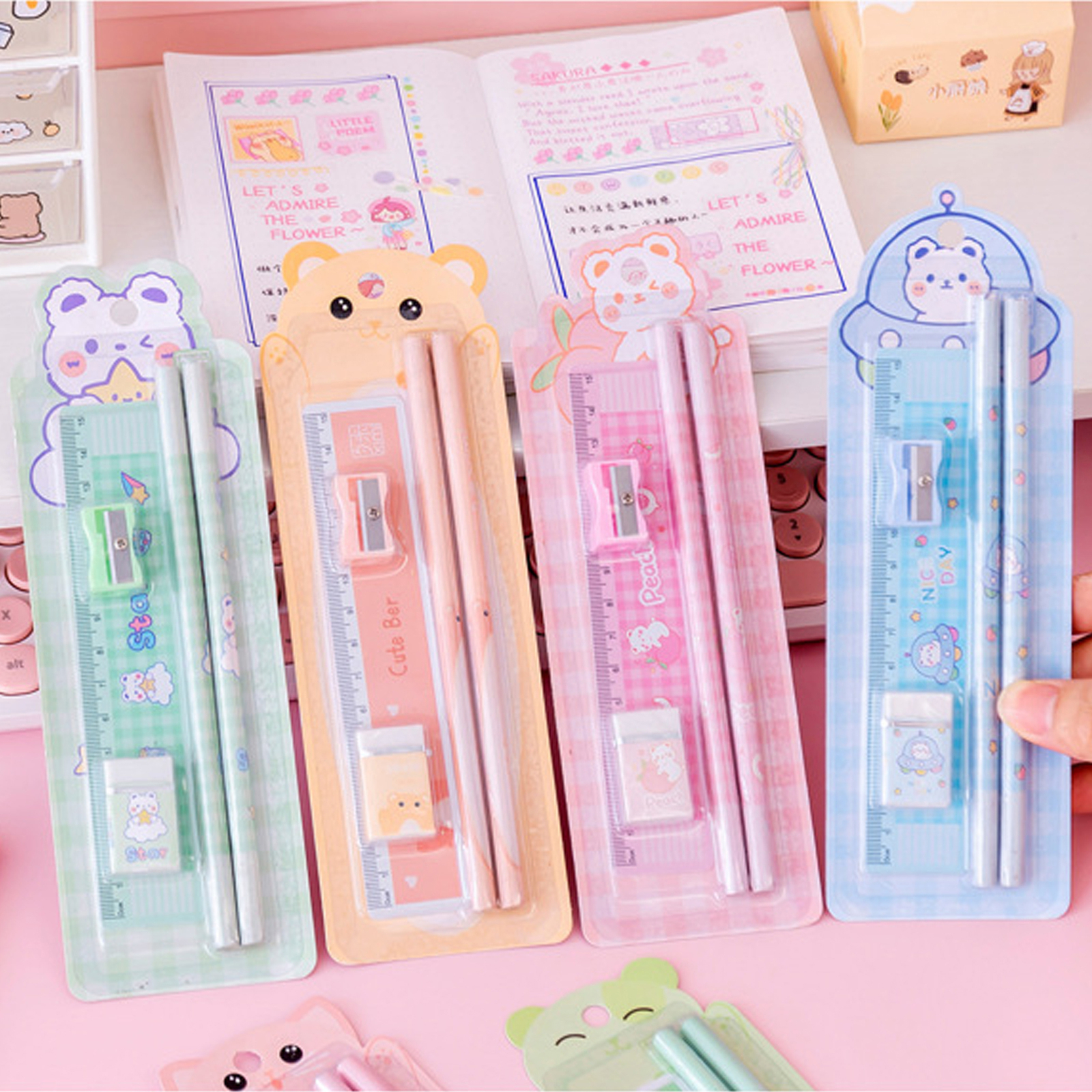 3 Set Pencil Ruler Set Bear/cat Study Cute Sharpener Eraser Ruler Set ...