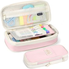 KPX Big Capacity Pencil Pen Case Bag with Zipper 9 x 4 x 2.6 inches, Pink