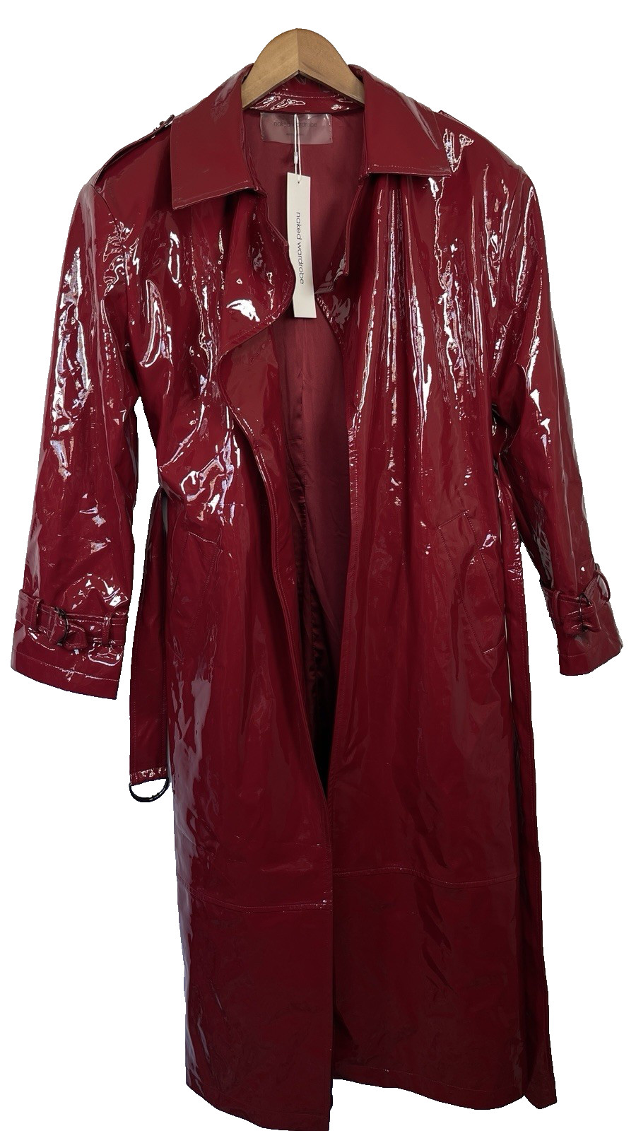 Naked Wardrobe Womens Belted Glossy Trench Coat Size S Dark Red Statement Luxury image 3