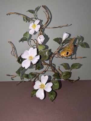 Large Watkins Enamel On Copper Dogwood & Bird Sculpture - Norman Brumm style