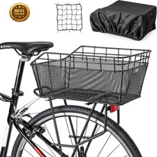 Rear Bike Basket - Bicycle Rear Basket with Cargo Net and Waterproof Cover